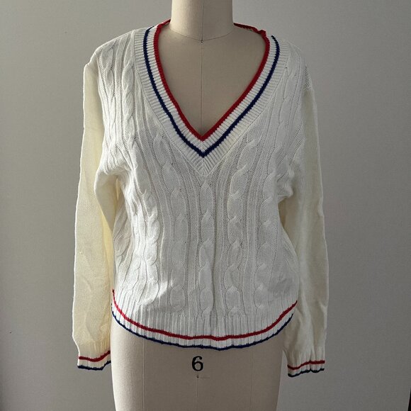 H&M Divided Preppy Cream Blue Red Varsity Sweater Stripe V Neck Long Sleeve Med - Picture 1 of 8